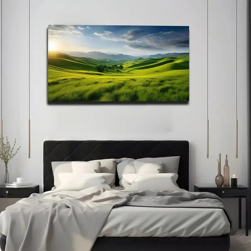 Modern Green Grassland Wall Art Canvas Office Home Room Framed 120x60cm