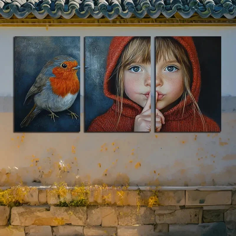 3pcs Girl in Red And The Bird Metal Print Ready to Hang Art - Bella Home Decor