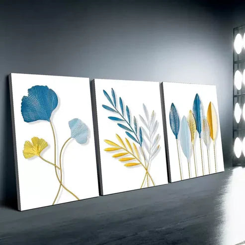 3pcs Blue and Golden leaves Of Flora Canvas Unframed - High Quality Print 100% Australian Made Wall Canvas