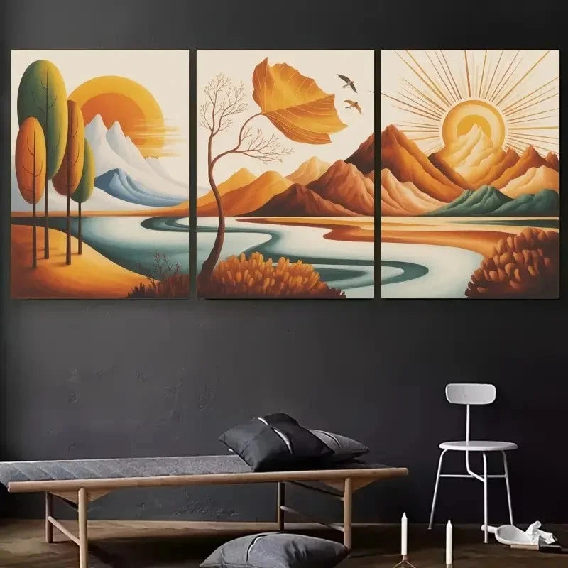 3pcs Abstract Trees Mountains Sun Metal Print Ready to Hang Art - Bella Home Decor