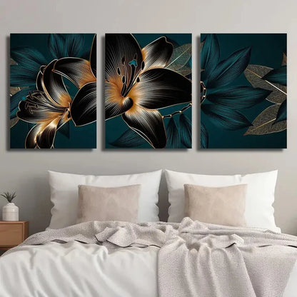 3pcs Abstract Botanical Flower Pattern Black Metal Print Ready to Hang Art