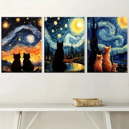 3pcs Modern Van Gogh Style Abstract Cat Art Set Canvas Framed 50x70cm - High Quality Print 100% Australian Made Wall Canvas Ready to Hang