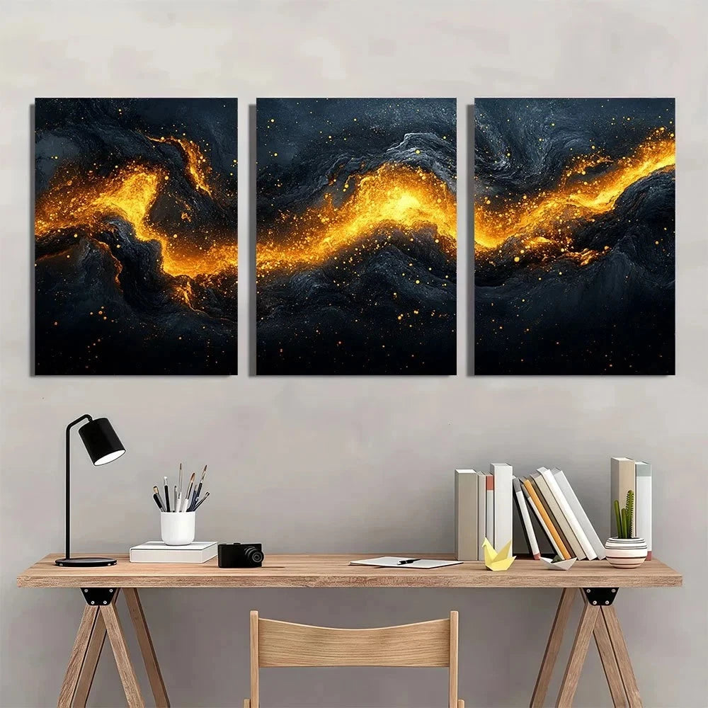 3pcs Black and Golden Abstract Metal Print Ready to Hang Art - Bella Home Decor