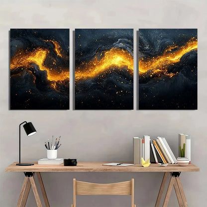 3pcs Black and Golden Abstract Metal Print Ready to Hang Art - Bella Home Decor