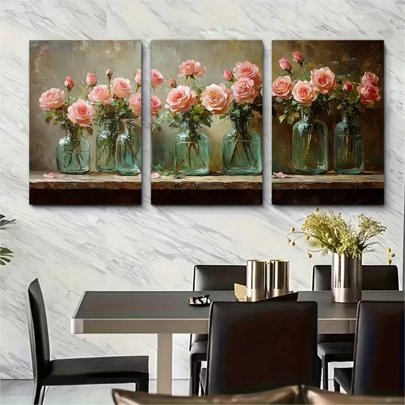 3pcs Pink Roses Flowers Bouquet in Glass Vases Metal Print Ready to Hang Art
