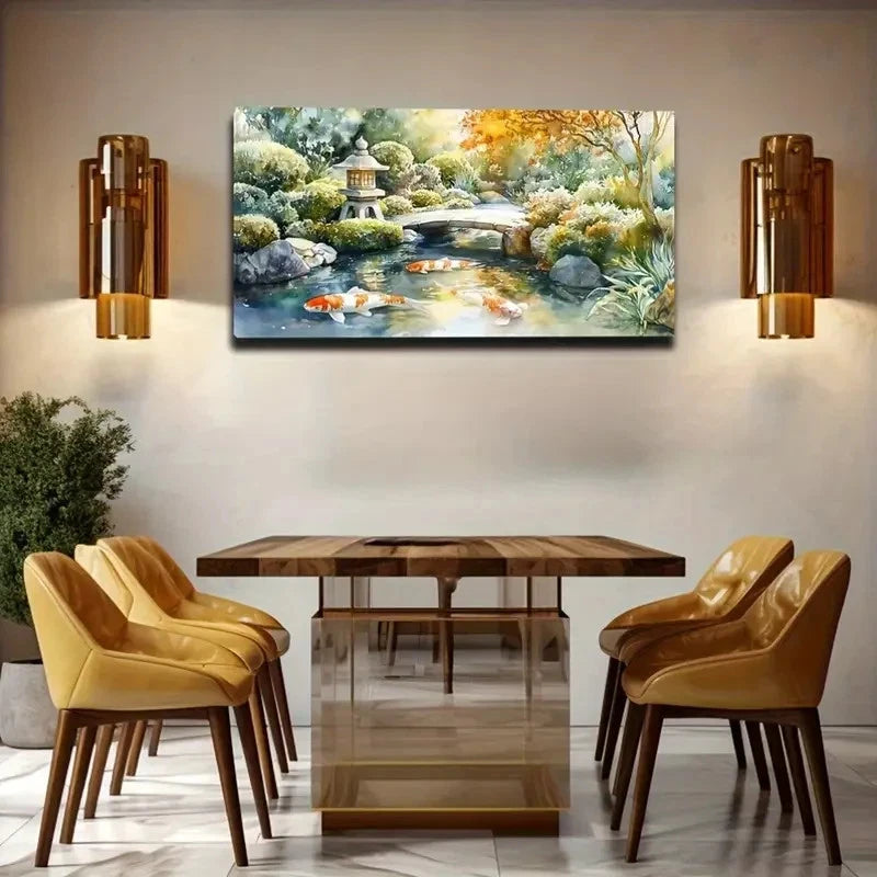 Serene Garden Koi Pond Wall Art Canvas Office Home Room Framed 120x60cm