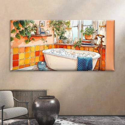 Bathroom Scene with Warm Tiled Wall Art Canvas Office Home Room Framed 120x60cm