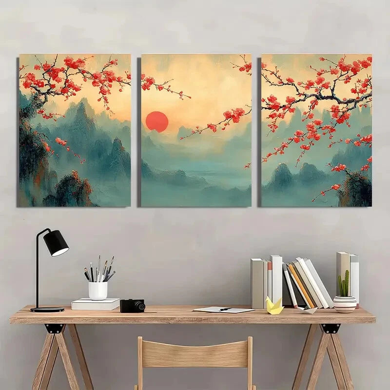 3pcs Traditional Vibrant Chinese Plum Blossom Metal Print Ready to Hang Art - Bella Home Decor