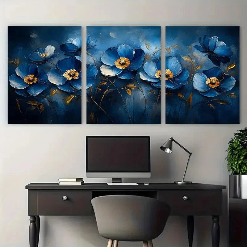 3pcs Blue Style Abstract Flowers Design Metal Print Ready to Hang Art - Bella Home Decor