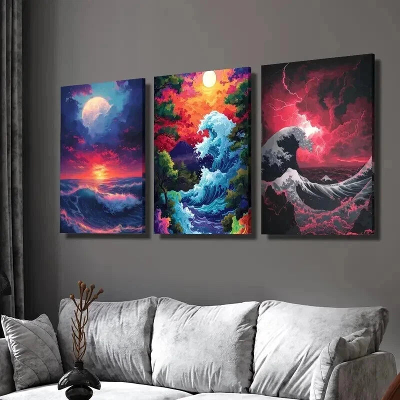 3pcs Colorful Ocean Wave & Sunset Scenes Wall Art Set Canvas Framed 60x90cm - High Quality Print 100% Australian Made Wall Canvas Ready to Hang