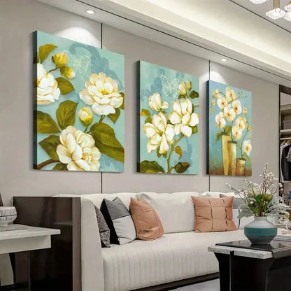 3pcs Teal Background & White Flowers Art Set Canvas Unframed - High Quality Print 100% Australian Made Wall Canvas