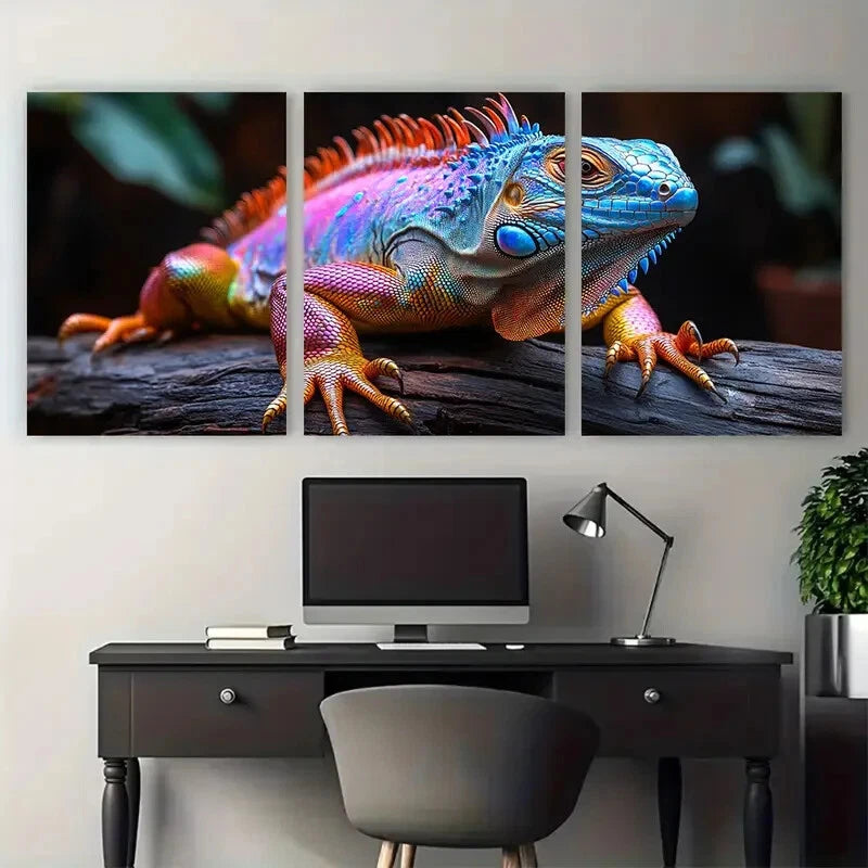 3pcs Vibrant Iguana Photography on Dark Wood Metal Print Ready to Hang Art - Bella Home Decor