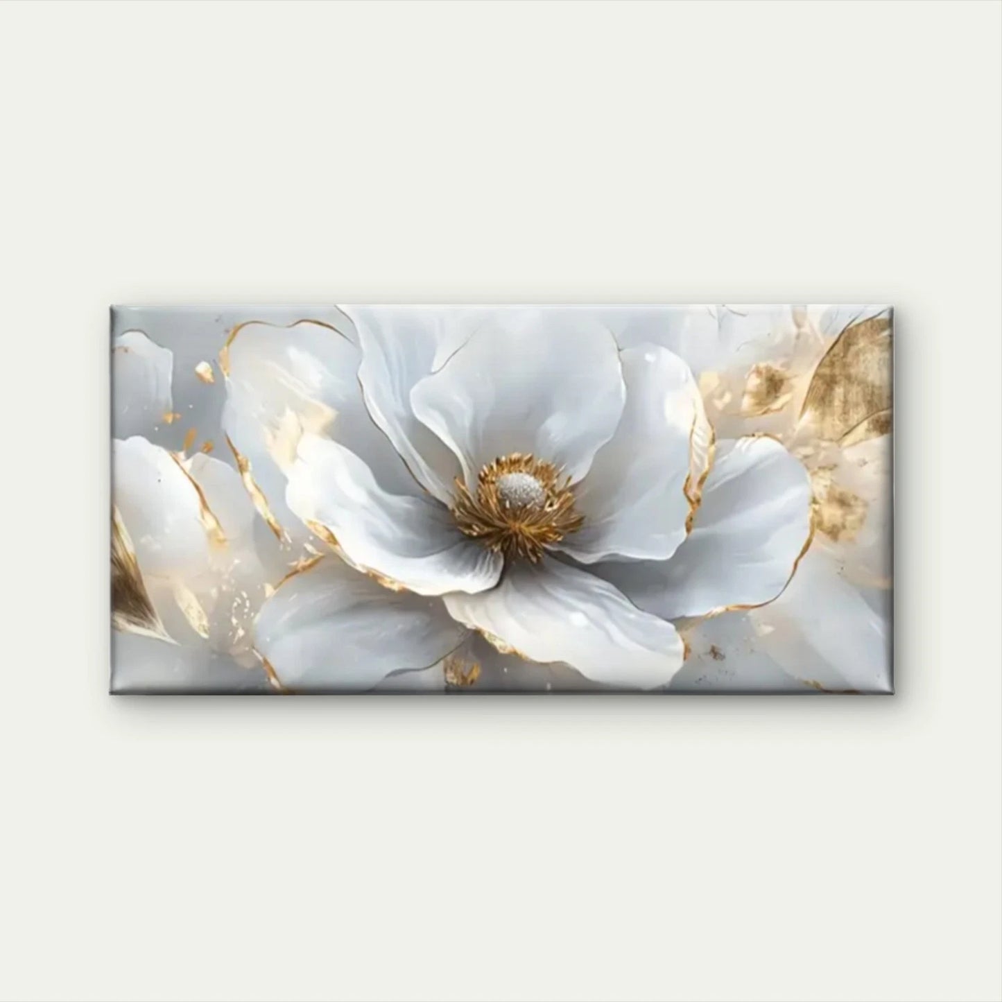 White Flowers Golden Leave Wall Art Canvas Office Home Room Framed 120x60cm