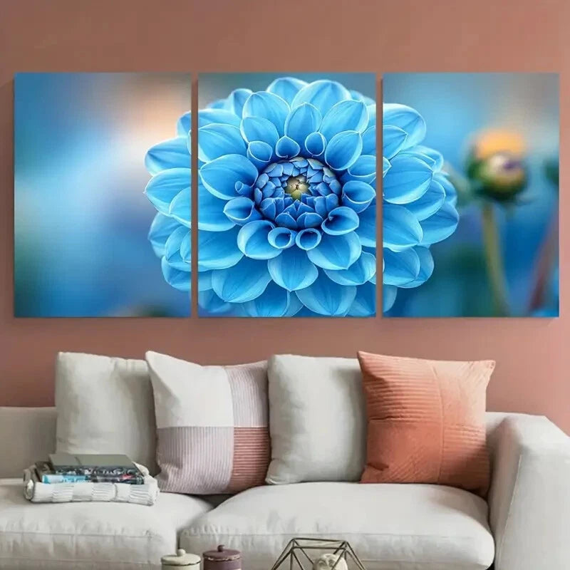 3pcs Cyan Blue Dahlia Flower Macro Floral Design Metal Print Ready to Hang Art - Bella Home Decor