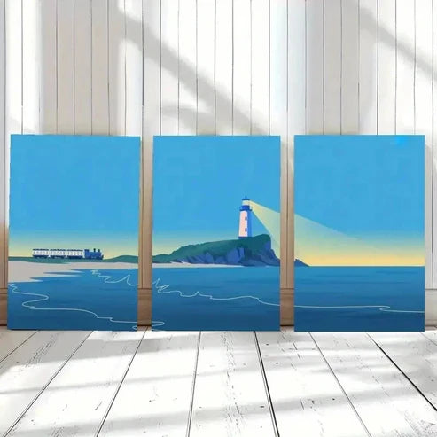 3pcs Beach, Lighthouse, Train Wall Art Canvas Unframed - High Quality Print 100% Australian Made Wall Canvas - Bella Home Decor