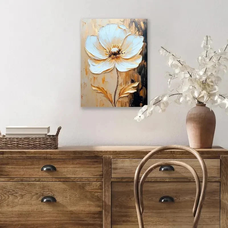 Beautiful Golden & White Floral Abstract  Painting 40x60cm Metal Print Ready to Hang
