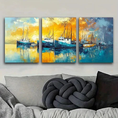 3pcs Boats on the Pier Wall Art Canvas Unframed - High Quality Print 100% Australian Made Wall Canvas - Bella Home Decor
