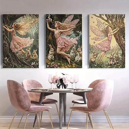 3pcs Whimsical Dancing Fairies & Rabbits Wall Art Canvas  Framed 60x90cm - High Quality Print 100% Australian Made Wall Canvas Ready to Hang - Bella Home Decor