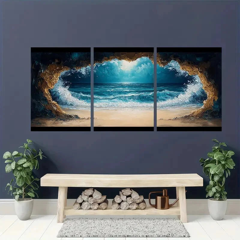 3pcs Coastline Ocean Waves & Beach Vibes Art Metal Print Ready to Hang Art - Bella Home Decor