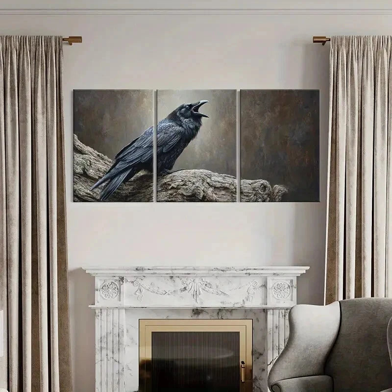 3pcs Artistic Raven Perched On Tree Branch Metal Print Ready to Hang Art - Bella Home Decor