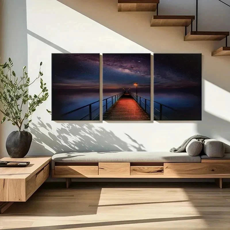 3pcs Starry Sky Night Scene Lake Bridge Wall Art Set Canvas Framed 60x90cm - High Quality Print 100% Australian Made Wall Canvas Ready to Hang