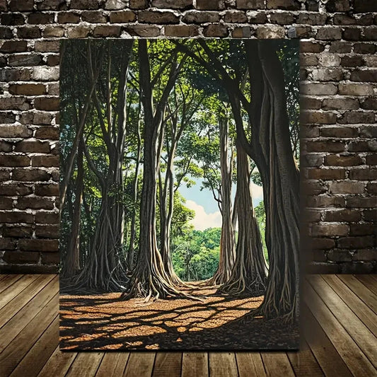 Vibrant Banyan Forest Scene with Lush Green Painting  40x60cm Metal Print Ready to Hang - Bella Home Decor
