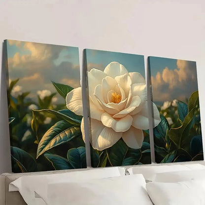 3pcs White Gardenia Flower Prints with Green L  Wall Art Set Canvas Framed 40x60cm - High Quality Print 100% Australian Made Wall Canvas Ready to Hang - Bella Home Decor