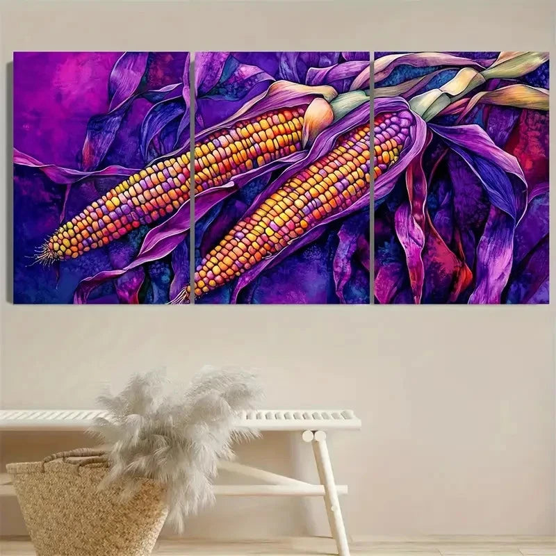 3pcs Colorful Corn Art Bright Purple Nature Metal Print Ready to Hang Art - Bella Home Decor