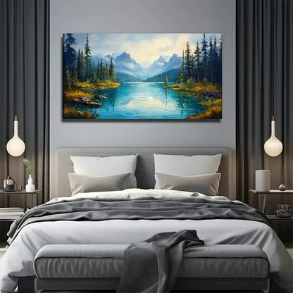 Vibrant Pine Tree Lake Wall Art Canvas Office Home Room Framed 120x60cm