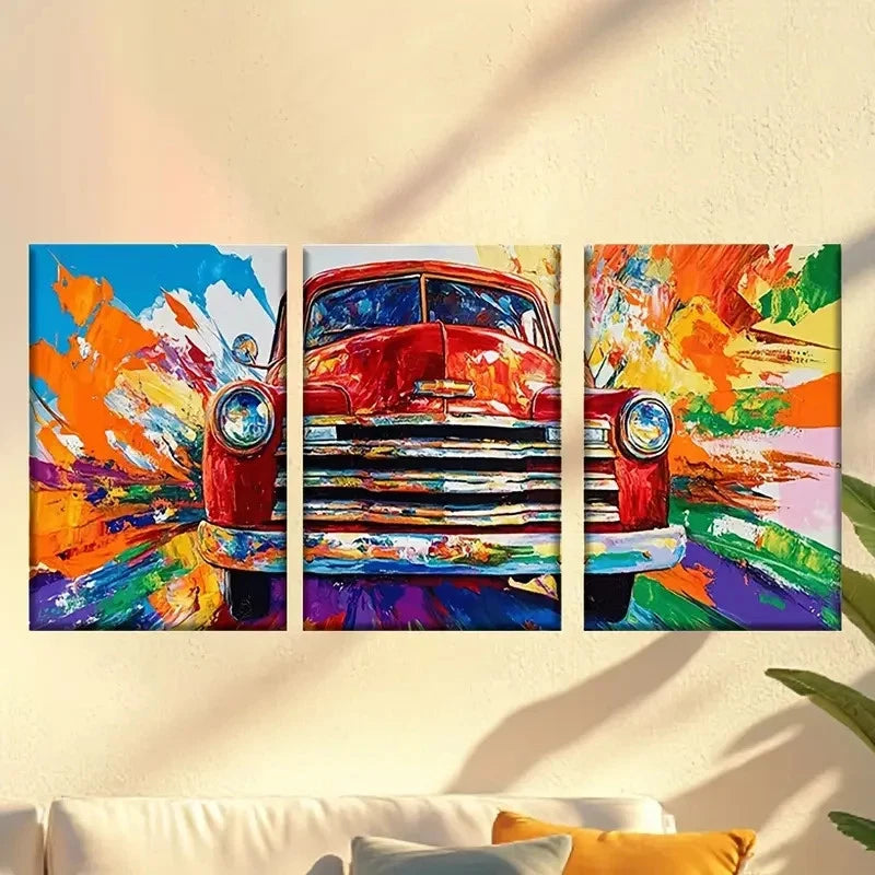 3pcs Red Truck with Colorful Paint Splatter 50x70cm - High Quality Print 100% Australian Made Wall Canvas Ready to Hang