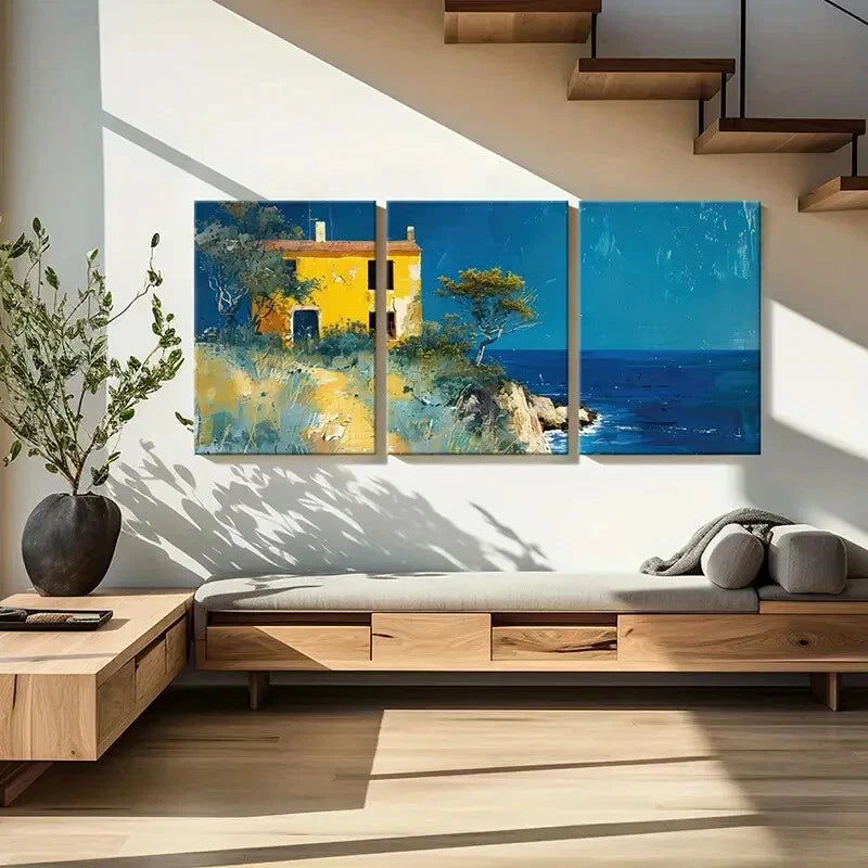 3pcs Artistic Coastal Landscape Yellow House Metal Print Ready to Hang Art - Bella Home Decor