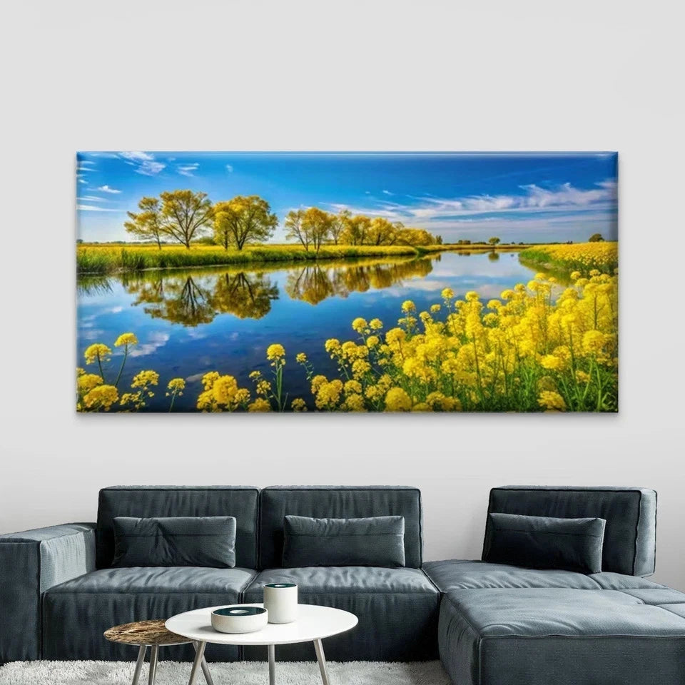 Yellow Tulips in River Wall Art Canvas Office Home Room Framed 120x60cm