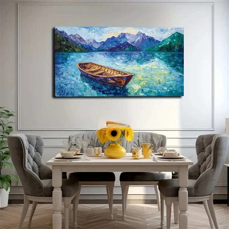 Serene Boat On Lake Vibrant Wall Art Canvas Office Home Room Framed 120x60cm