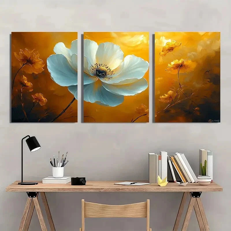3pcs Yellow White Flower Gorgeous Metal Print Ready to Hang Art - Bella Home Decor