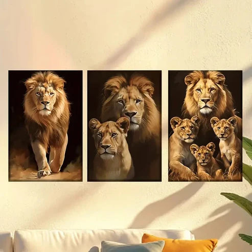 3pcs Encaustic Classic Portrait Lion Family Wall Art Canvas Unframed - High Quality Print 100% Australian Made Wall Canvas