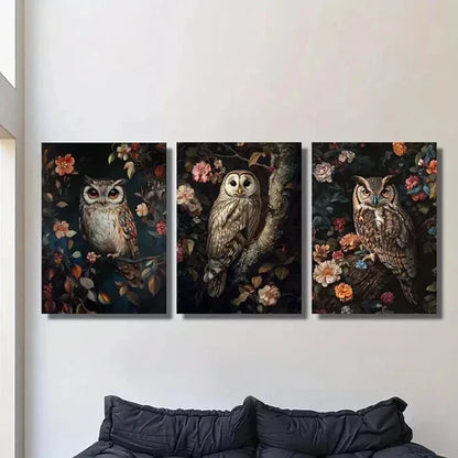 3pcs Colorful Dahlia & Owl Illustrations Wall Art Canvas Unframed - High Quality Print 100% Australian Made Wall Canvas - Bella Home Decor