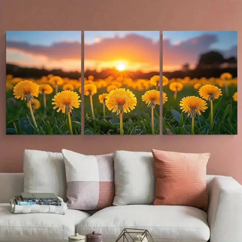 3pcs Yellow Dandelion Bulbs Evening Sunset Metal Print Ready to Hang Art - Bella Home Decor
