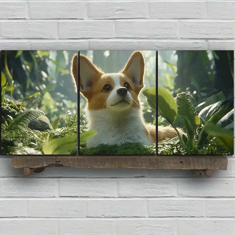 3pcs Green Leaves Dog in The Forest Metal Print Ready to Hang Art - Bella Home Decor