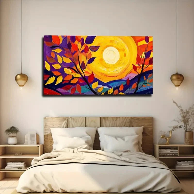 Round Yellow Sun Leaves Wall Art Canvas Office Home Room Framed 120x60cm