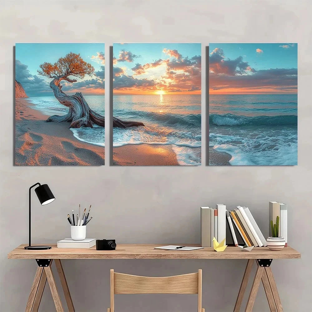 3pcs Tree Trunk on a Sandy Shore with a Calm Ocean Metal Print Ready to Hang Art - Bella Home Decor