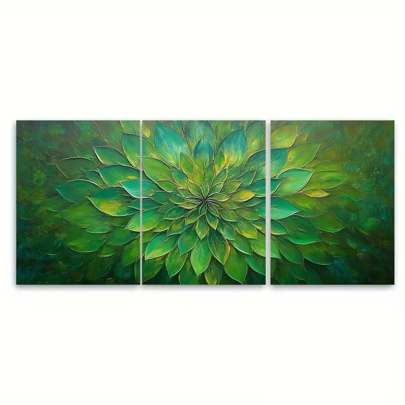 3pcs Green Sunburst Flower Painting Wall Art Set Canvas Framed 50x70cm - High Quality Print 100% Australian Made Wall Canvas Ready to Hang
