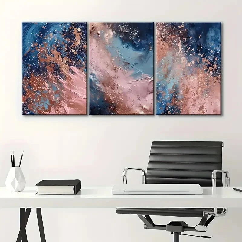 3pcs Navy Pink & Blue Abstract Metal Print Ready to Hang Art - Bella Home Decor