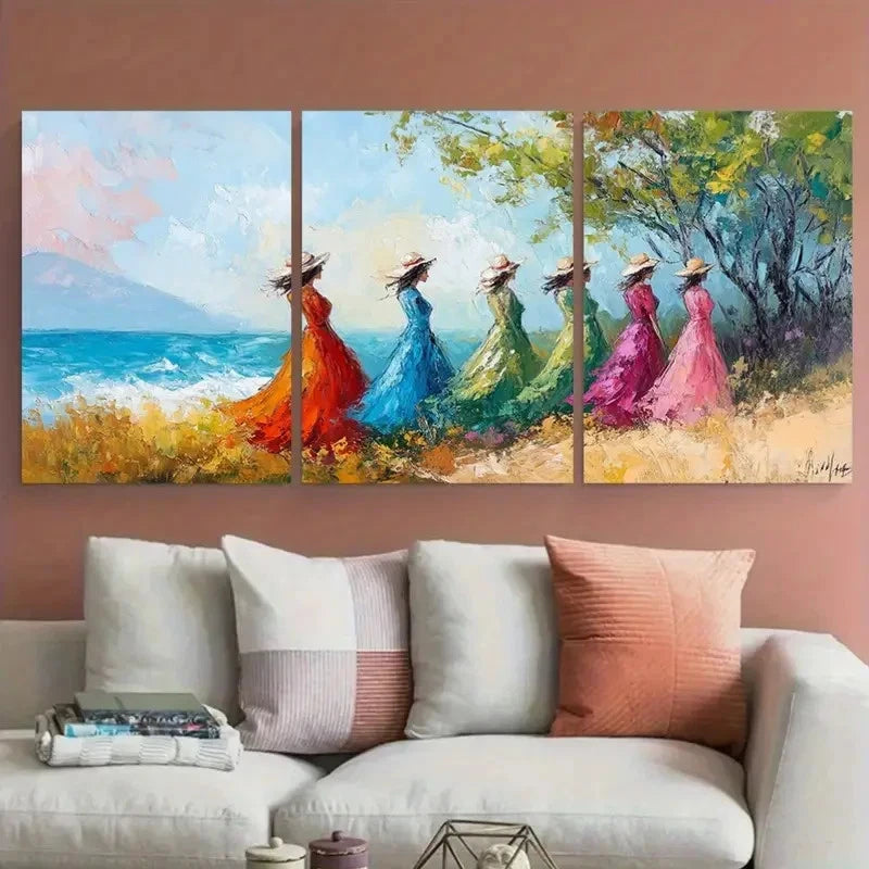 3pcs Ladies Impressionist Painting Landscape Wall Art Set Canvas Framed 50x70cm - High Quality Print 100% Australian Made Wall Canvas Ready to Hang