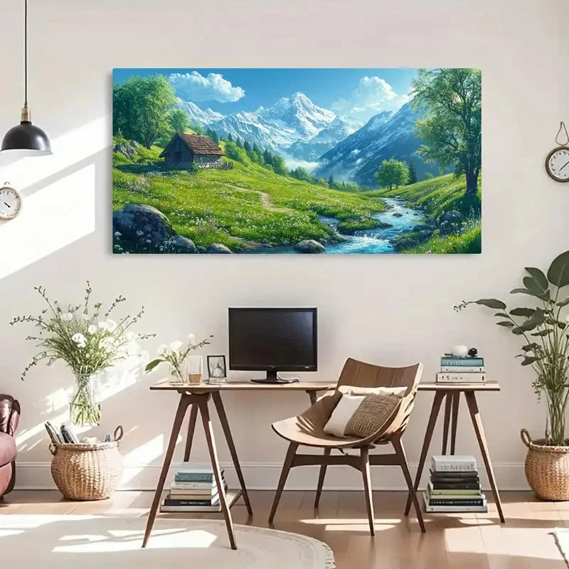 Snow Mountain & Stream Pattern Wall Art Canvas Office Home Room Framed 120x60cm