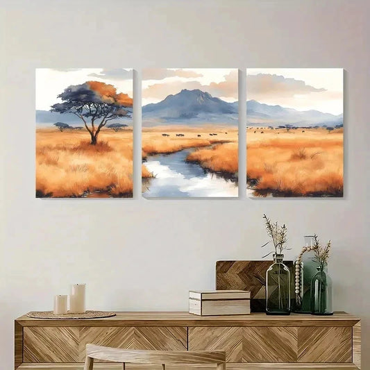 3pcs Serengetti National Park Painting  Wall Art Set Canvas Framed 60x90cm - High Quality Print 100% Australian Made Wall Canvas Ready to Hang