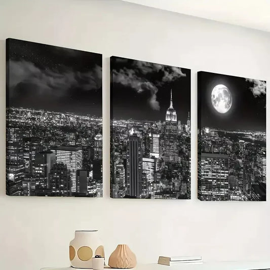 3pcs Black And White Night City Architecture Wall Art Set Canvas Framed 40x60cm - High Quality Print 100% Australian Made Wall Canvas Ready to Hang