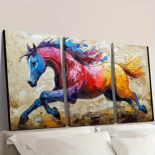 3pcs Galloping Horse Painting BK Wall Art Set Canvas Framed 40x60cm - High Quality Print 100% Australian Made Wall Canvas Ready to Hang
