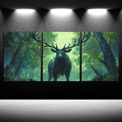 3pcs Vibrant Furious Black Stag Forest Metal Print Ready to Hang Art