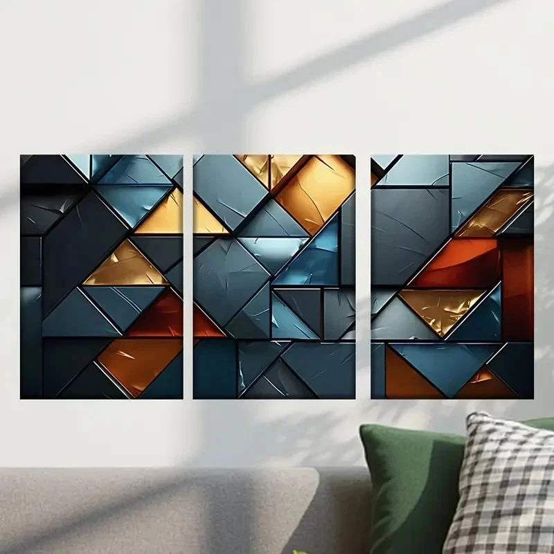 3pcs Blue Golden & Black Triangles Wall Art Set Canvas Framed 40x60cm - High Quality Print 100% Australian Made Wall Canvas Ready to Hang - Bella Home Decor