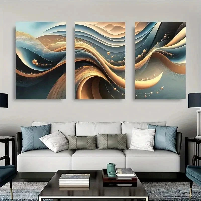 3pcs Three Abstract Paintings Gold,Blue     Wall Art Set Canvas Framed 60x90cm - High Quality Print 100% Australian Made Wall Canvas Ready to Hang - Bella Home Decor